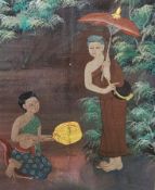Indian painting with gilt highlights of a woman with parasol and boy kneeling, 17cm x 21.5cm