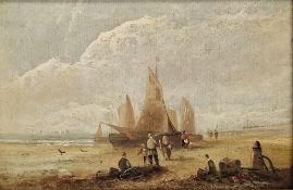 Edwina W. Lara (act.c.1850-1882) Oil on canvas Coastal scene with figures and moored fishing