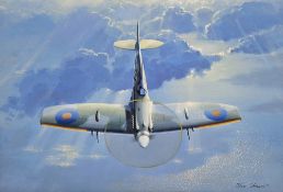Theodore Fraser (British, 20th Century) Oil on board Spitfire in flight, signed lower right, framed,