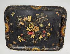 Victorian black painted tole rectangular tray, painted with flower-sprays, within a gilt scroll
