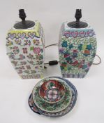 Two 20th century Chinese famille rose table lamps of square form with curved sides and red seal