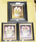 Unknown Oleographs Set of three  Old Master  Dutch Still life Flowers in blue and whites vases 9.5