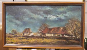 D Fletcher  Oil on board Rural scene with barns on an overcast day Chinese watercolour  River