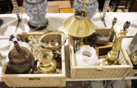 Eight assorted table lamps, a pair of brass candlesticks, etc in two baskets