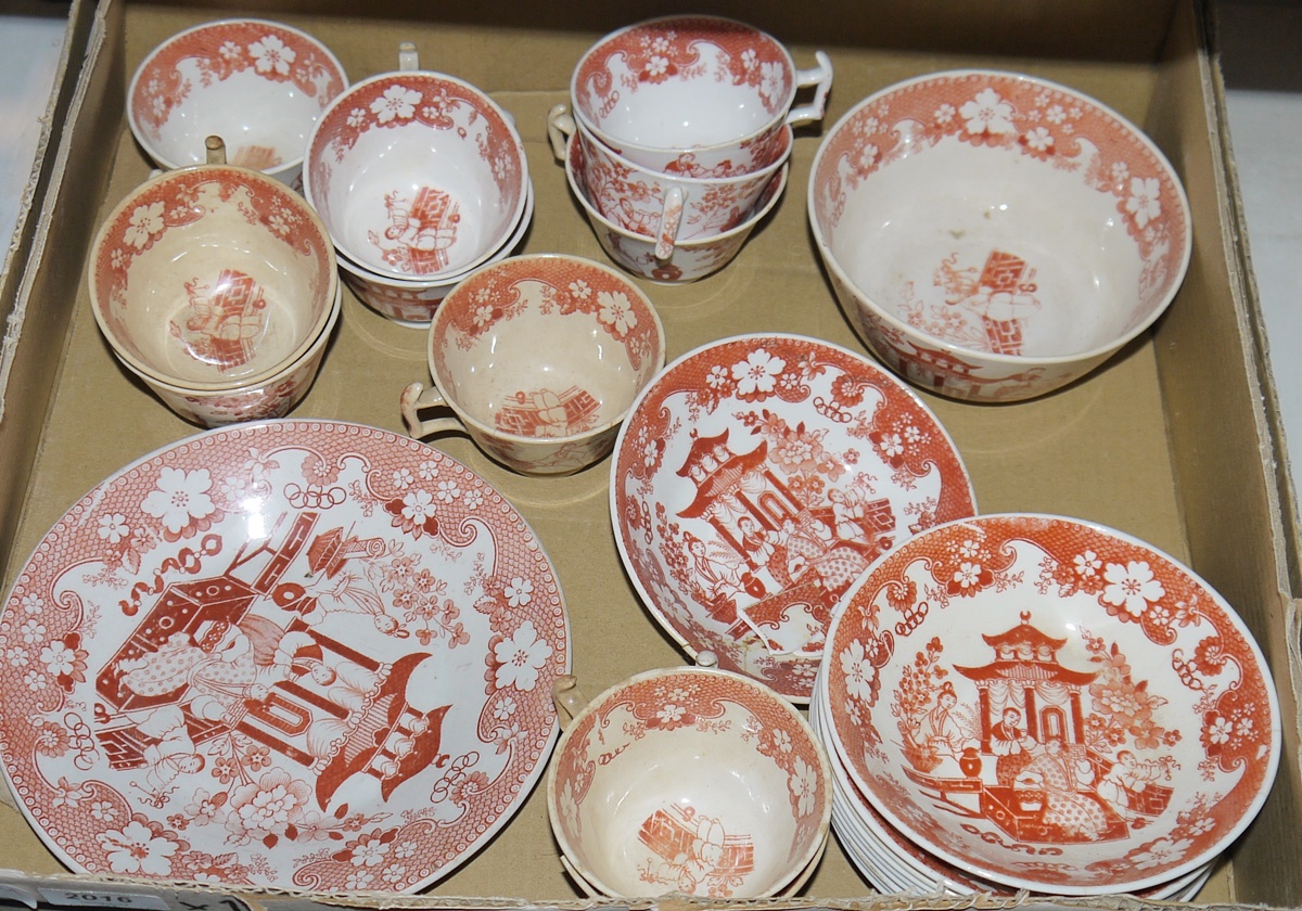 Orange and white Eastern style tea service bearing courtyard scene (1 box)
