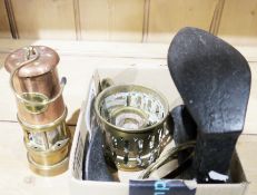 Small copper miner's lamp, a metal shoe last and other brass items (1 box)
