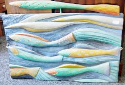 Painted wooden wall sculpture of fish in the sea, 76cm long