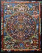 A 20th century Tibetan Thangka painted with a Mandala in the form of concentric circles with various