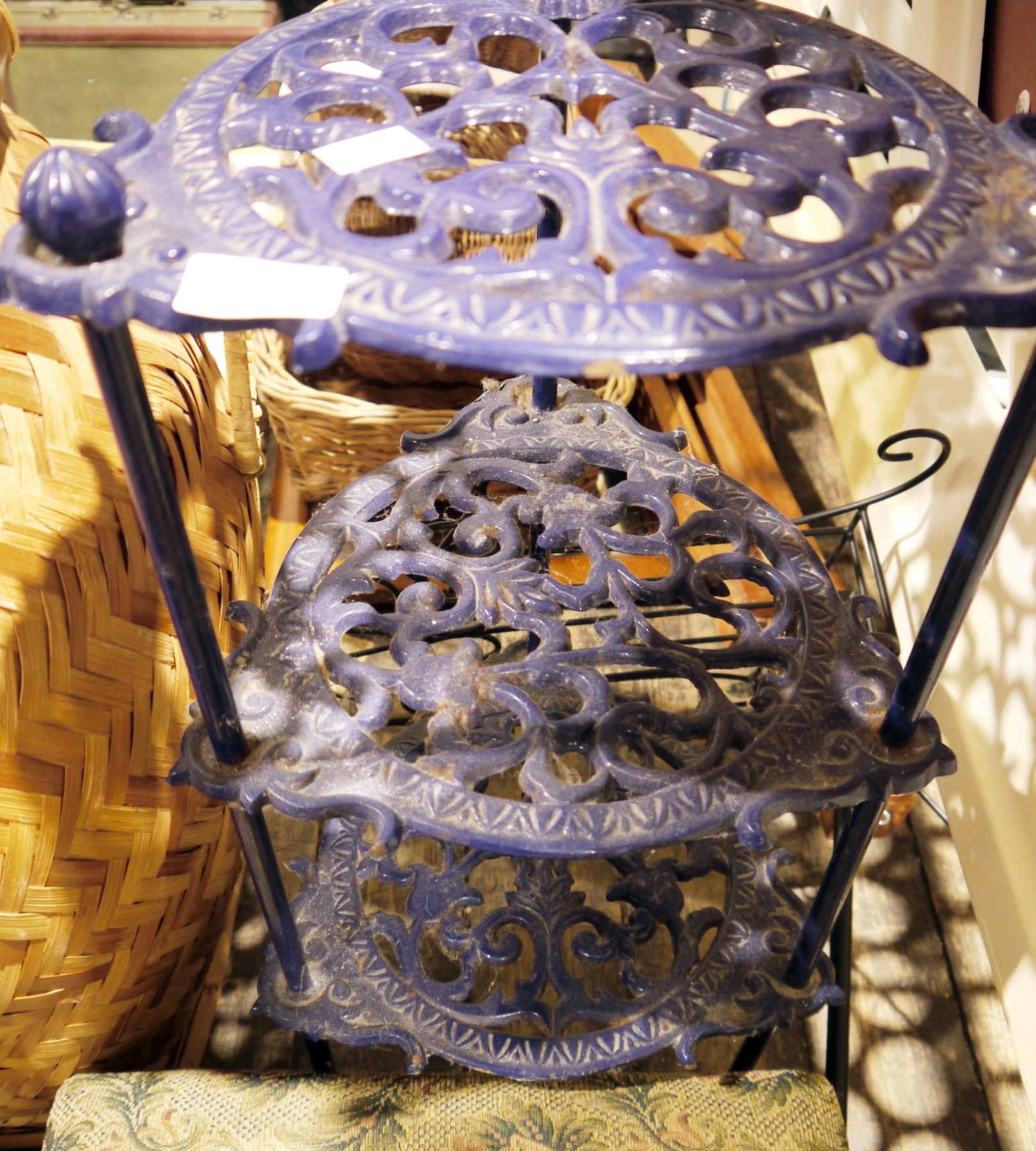 Mixed collectables including wicker linen basket, metal three tier pan stand, two footstools two - Image 3 of 3