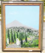 20th century oil panting on canvas of a continental country house in front of a mounted,