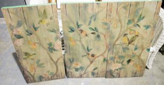 Three modern decorative panels decorated with birds amongst foliage, 80.5cm x 40cm