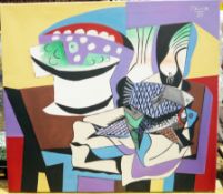 Unnatributed Oil on canvas Copy of Picasso's Still Life with Fish, 80cm x 90cm