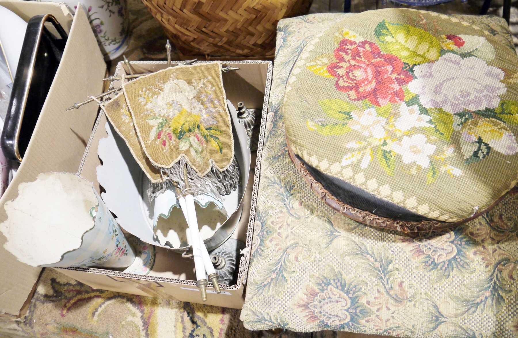 Mixed collectables including wicker linen basket, metal three tier pan stand, two footstools two
