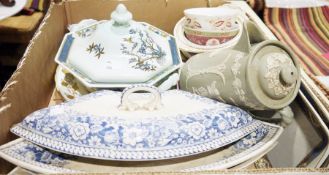 Ornamental glass peppers, Wedgwood Jasperware coffee pot, assorted tureens, two large glass