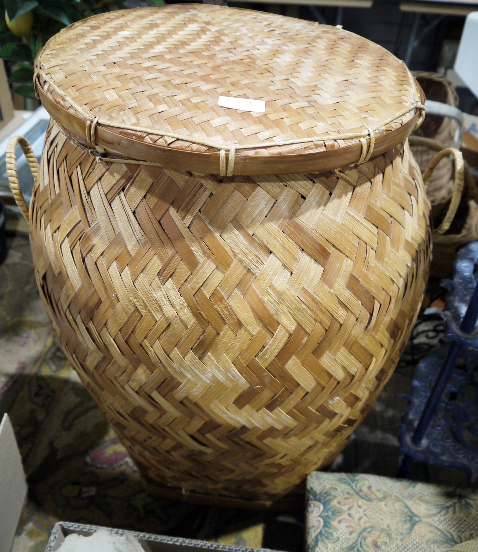 Mixed collectables including wicker linen basket, metal three tier pan stand, two footstools two - Image 2 of 3