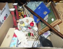 Three modern decorated fly covers, assorted collectables to include shells, ceramic bottle