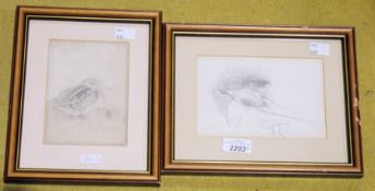 Small pencil drawing of a pheasant in flight, 16.5cm x 11.5cm together with another pencil drawing