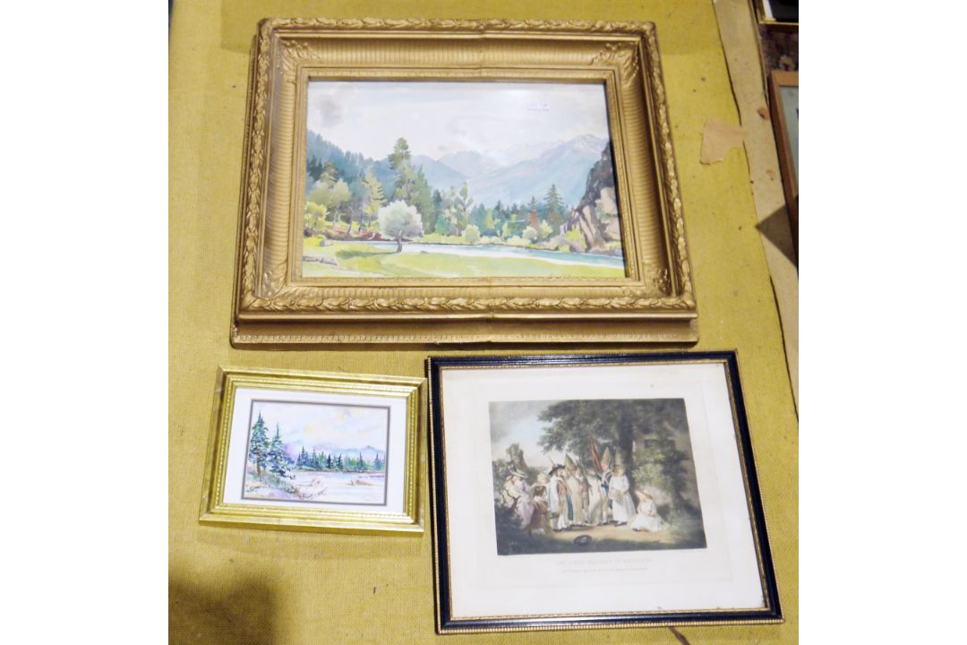 Collection of eight pictures including 1960's landscape watercolour in gilt frame, two Thai - Image 2 of 3