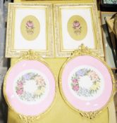 Five needlework floral panels, two contained in a gilt-wood oval framed and foliage cresting, two