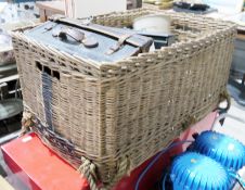 Mixed lot including a wicker basket, record case with various LP vinyl records, vintage suitcase,