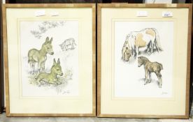 After Joan Wanklyn Two colour prints featuring ponies and donkeys, framed and glazed, 39cm x 30.