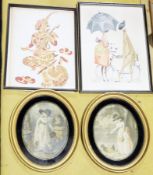 Collection of eight pictures including 1960's landscape watercolour in gilt frame, two Thai