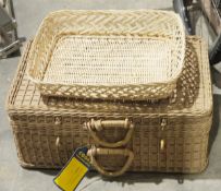Wicker case and similar tray, a large quantity of drinking glasses and other glass to include