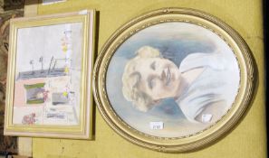 Collection of seven pictures including Joe Latham watercolour of military airplane, Lilian Goodson