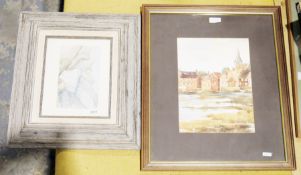 Shirley Harrell (20th century), two landscape watercolours with houses, largest image 38cm x 26cm