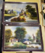Two pairs of late 19th/early 20th century landscapes back-painted on glass (4)