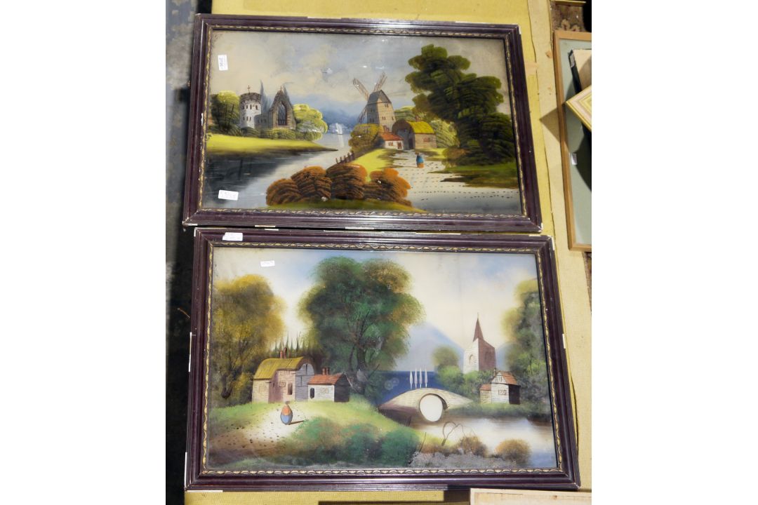 Two pairs of late 19th/early 20th century landscapes back-painted on glass (4) - Image 1 of 2
