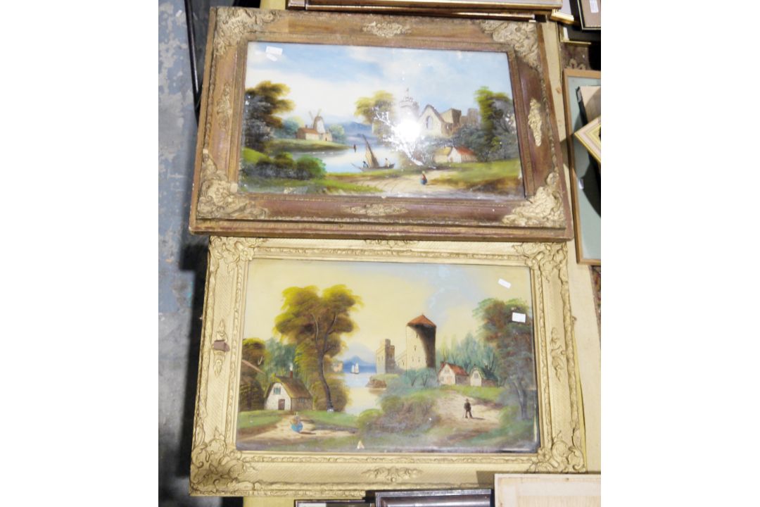 Two pairs of late 19th/early 20th century landscapes back-painted on glass (4) - Image 2 of 2