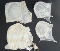 Various 19th century bonnets/caps - to include a lace cap, Ayrshire style embroidery, three cotton