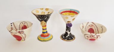 Mary Rose Young (b. 1958) A pair of studio pottery goblets decorated with multi-coloured ring, black