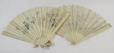 Two late 19th century painted silk and bone folding fans, the first painted with bees amongst