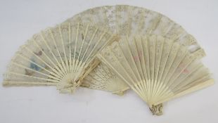 Three late 19th century silk, lace and bone mounted folding fans, the largest with flowered lace