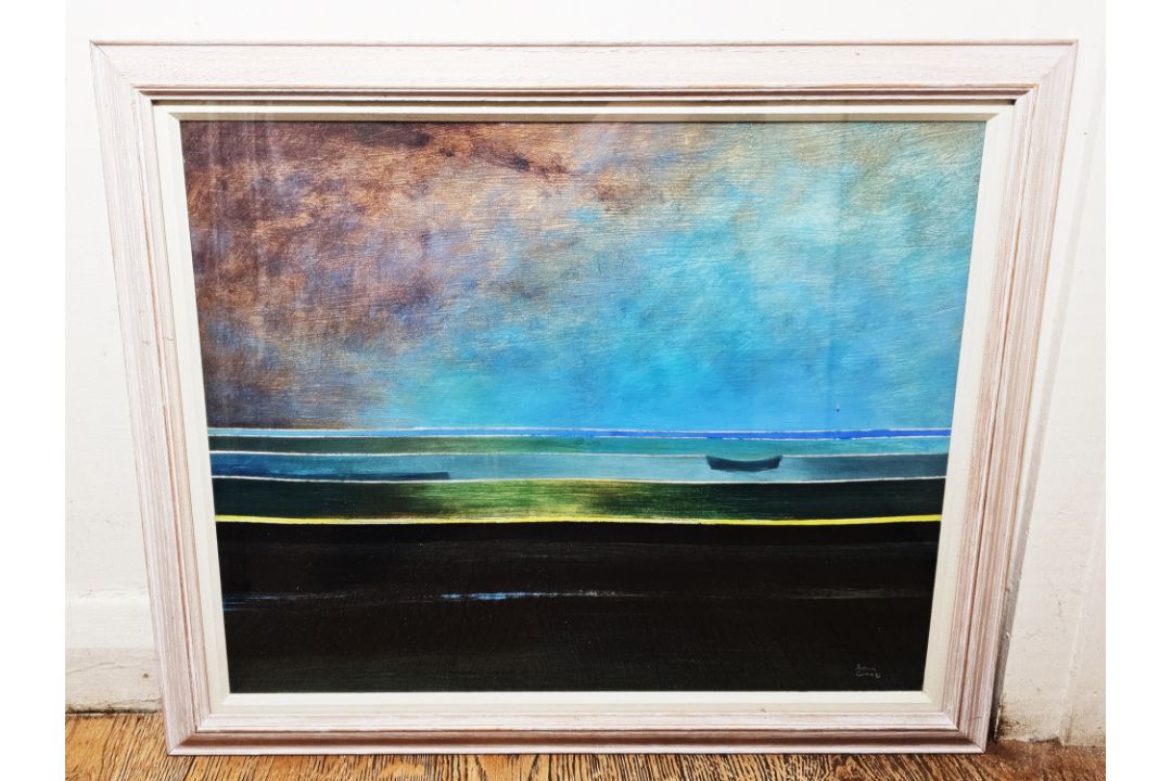 Anthony Curtis (1928-2018) Oil on paper Abstract of small boat at sea, signed lower right, 37cm x - Image 2 of 4