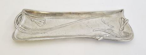 Continental pewter Art Nouveau-style pen tray with flowing floral motifs, indistinctly marked to