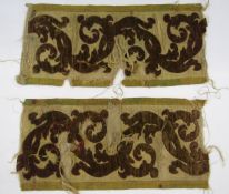 Two pieces of antique velvet appliqued embroidery on wool, backed onto canvas, the wool backing is