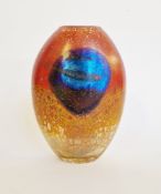 Norman Clark glass vase, flattened oval with abstract design, iridescent blue on red and yellow