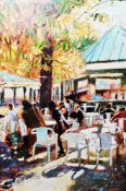 Jeremy Sanders  Oil on paper Continental cafe exterior with figures seated at tables, dated 99, 32cm