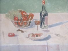 Indistinct monogram HK 15 ? Oil on canvas Still life of food and wine on a table, 38cm x 50cm,