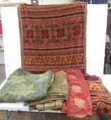 Two Victorian chenille table covers or hangings in burgundy with flowers, tasselled, an Art
