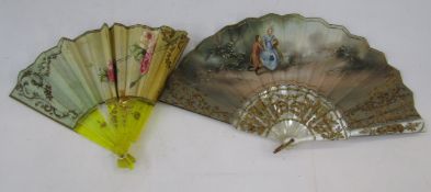 Two late 19th century painted folding fans, comprising: an example with pierced gilt mother-of-pearl