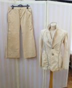 Gentleman's linen 1970's Southsea Bubble suit, with wide bell-bottom trousers, the suit piped in