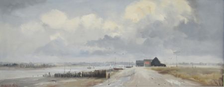 Marcus Ford (1914-1989) Oil on board Coastal scene with track leading to buildings, beneath grey