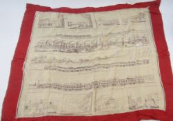 A vintage silk scarf printed with London scenes and the first class train for passengers Liverpool