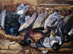 E Hardaker  Watercolour drawing  Game, pheasants beside wicker basket, inscribed to mount 'E