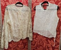 An Edwardian lawn blouse, sleeveless,  ( there is a tear under one arm)1930's cream lace blouse over