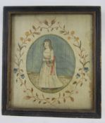 Regency painted silk picture, depicting a girl in white dress carrying a basket of pink roses within